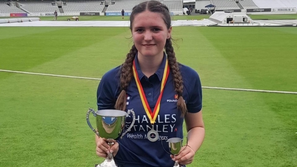 Megan Russell pictured with her silverware at Lord's Megan Russell pictured with her silverware at Lord's