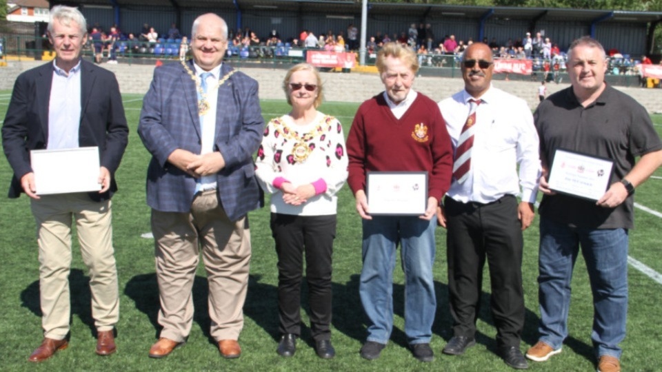 Pictured at the Vestacare Stadium are (left to right): Andy Wilde, Pete Davis (the Mayor’s consort), Councillor Elaine Garry (Mayor of Oldham), Martin Murphy, Joe Warburton and Steve McCormack