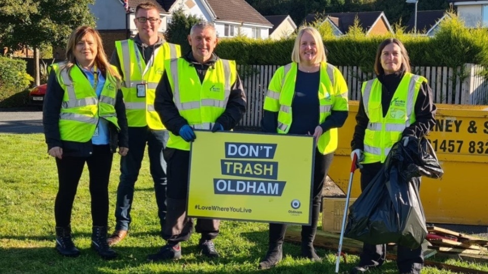 Pictured (left to right) are: Tracey Williams, Casey Resident liaison officer; Ian Ward, FCHO Neighbourhood Coordinator; Ronnie Davies, FCHO Neighbourhood Care Team Leader (Waste Management); Councillor Amanda Chadderton, Leader of Oldham Council and Emma Davison, FCHO Chief Operations Officer