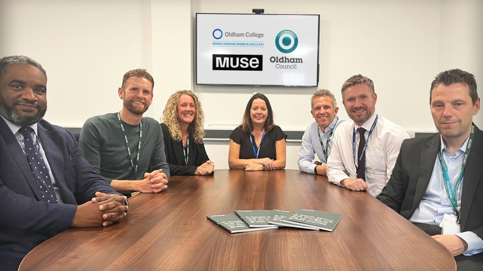 Pictured are (left to right): Marvin Smith, Oldham College, Phil Marsden, Muse, Jill O’Grady, Muse, Cathy Broderick, Oldham College, Phil Mayall, Muse, Simon Jordan, Oldham College and Paul Clifford, Oldham Council