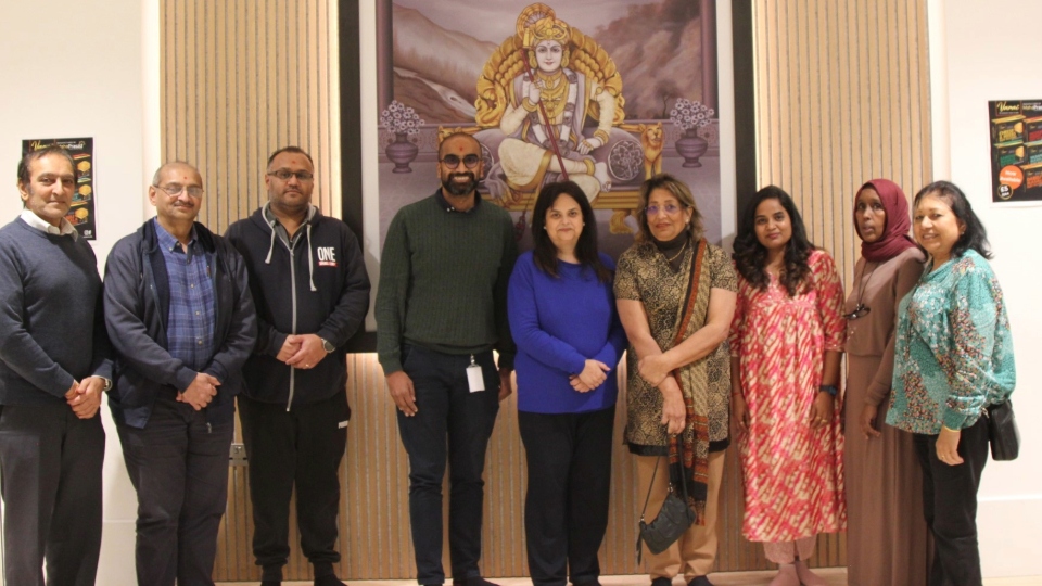 Pictured are (left to right): Bhimji Patel (Temple management committee), Harji Patel (Temple management committee), Sanjay Kerai (Temple Trustee), Anil Kara (Temple Trustee), Priya Chopra (Saheli CEO), Satpal Birdi, Pratibha Bharati, Mahado Mahad and Surjit Manrai 