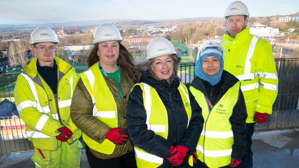 Pictured (left to right) are: Damien Saxon, Apprentice Engineer, Caddick Construction, Councillor Elaine Taylor, Oldham Council Cabinet Member for Housing and Licensing, Anne McLoughlin, Chief Executive (Interim), First Choice Homes Oldham, Sohida Banu, Manager - Affordable Housing Growth, Homes England and Peter Carroll, Contracts Manager, Caddick Construction