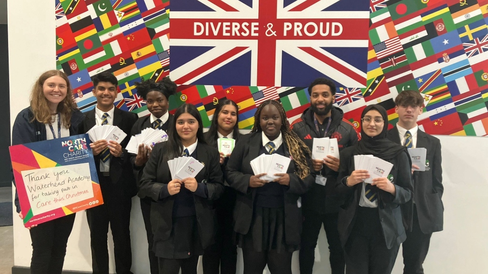 Pictured are Year 11 Senior Prefects along with Mr Ryan Kessebeh, Manchester United SPO who is based at Waterhead Academy and Jessica Pollard, NorthCare Charity Fundraising Manager