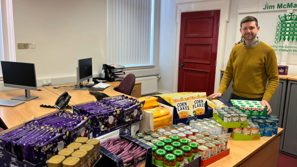 MP Jim McMahon is pictured with just some of the donations for the foodbank