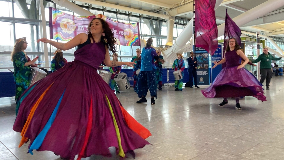 The nine drummers and four dancers gave ten performances over the day, entertaining passengers in Terminals 2, 3 and 5 The nine drummers and four dancers gave ten performances over the day, entertaining passengers in Terminals 2, 3 and 5
