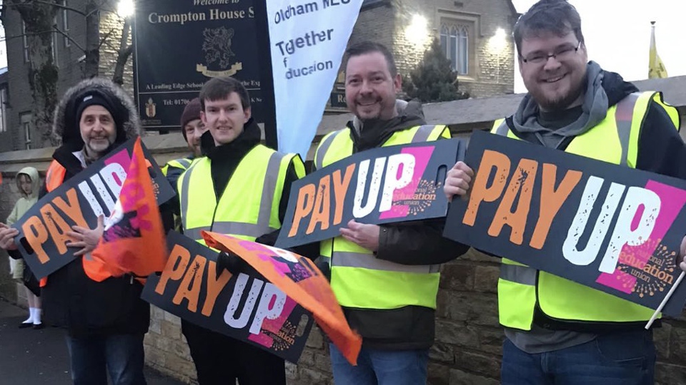 Teachers outside Crompton House School in Shaw