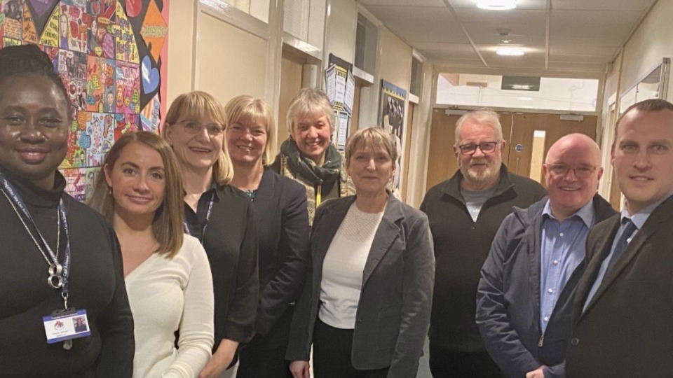 Pictured (left to right) are: Patricia Stennett, Headteacher (B), Elizabeth Moran, Principal Designate (B), Carol Walker, Deputy Head (B), Jayne Clarke, Executive Principal (P), Gina Andrewes, Chair of Governors (B), Pamela McIlroy, Chief Operating Officer (P), Andrew Kilburn, Chair of Trust Board (P), Martin
Griffin, Governor (B) and Stewart Ash, Chief Financial Officer (P).
B = Broadfield, P = Pinnacle Trust