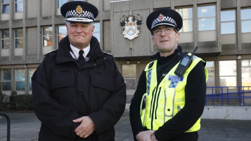 GMP Chief Constable Stephen Watson is pictured with Oldham Chief Superintendent Chris Bowen outside the Oldham Police station yesterday GMP Chief Constable Stephen Watson is pictured with Oldham Chief Superintendent Chris Bowen outside the Oldham Police station yesterday
