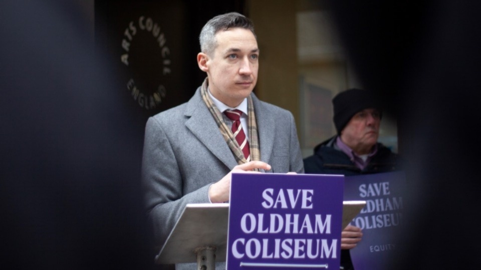 Paul Fleming (Equity General Secretary) criticises the Arts Council’s decision making at a press conference held outside ACE headquarters in Manchester following crunch talks last Thursday. Image courtesy of Equity UK