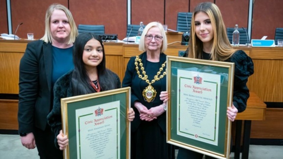 Pictured are Amanda Chadderton, Leader of Oldham Council; Hannah Miah; Mayor of Oldham Councillor Elaine Garry; and Kiera Arnold