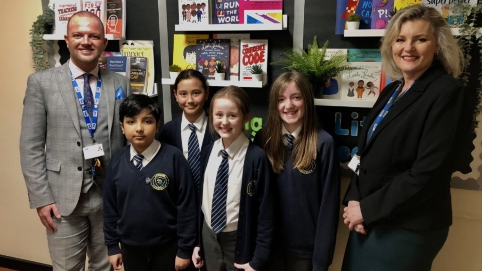 Pupils of Gorsefield Primary School ‘Everyone’s a Leader’ - part of Forward As One CE MAT. From left to right: Elliot Costas-Walker (Director of Learning and Partnerships), Moazan Ali (Y6), Brionna McGuire (Y6), Poppy Burke (Y6), Freya Barnes (Y6) and Karen Bramwell (Chief Executive Officer)