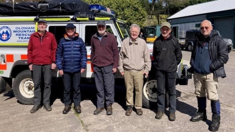 Pictured outside the Rescue Team base before setting off on their walk are Saddleworth Tuesday Walkers members (left to right): Alan Kinder, Dave Harding, Roger Williams, Declan Lyons, Chris Clissold and Eric Lord