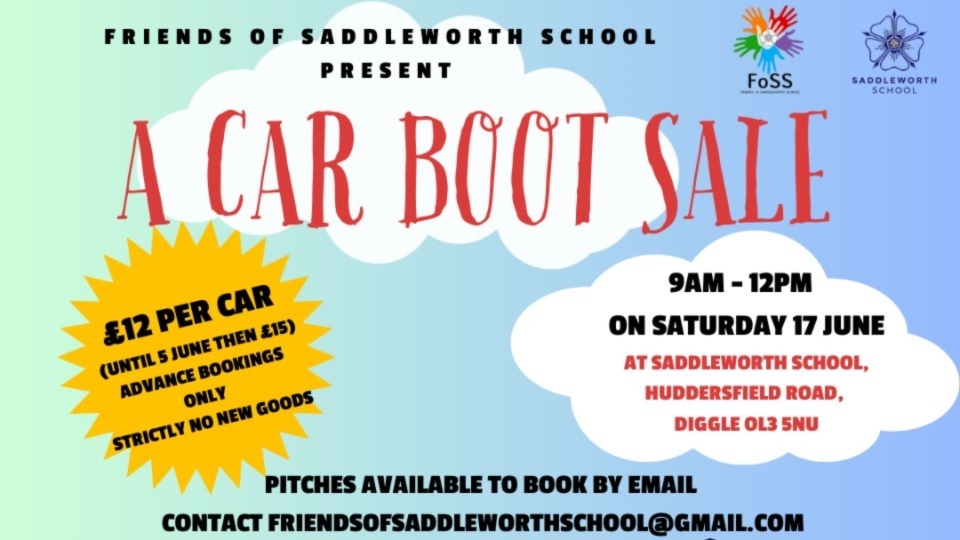 The car boot sale takes place from 9am - 12 noon at Saddleworth School on June 17