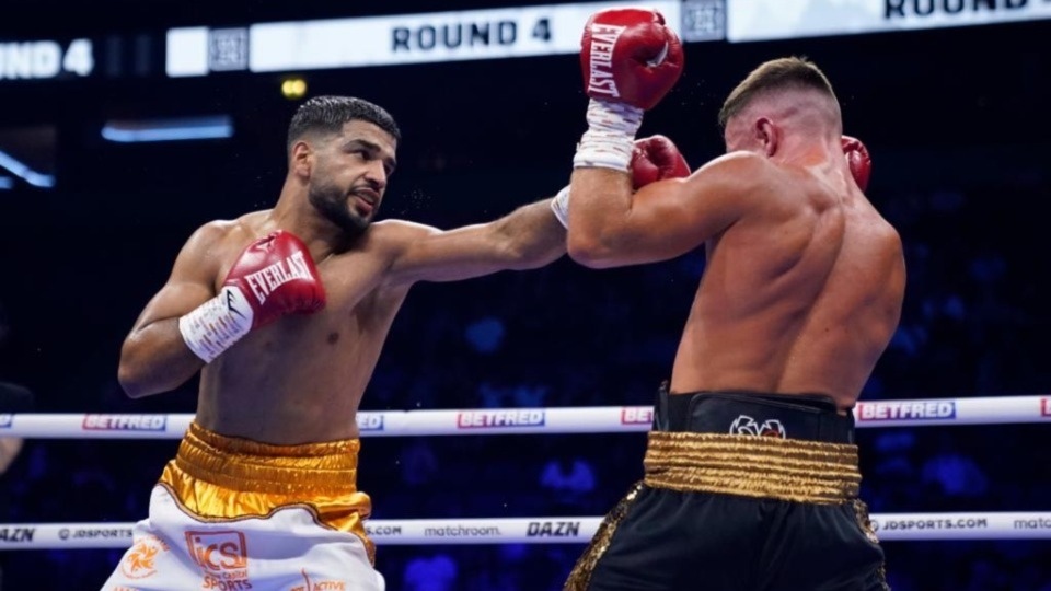 Oldham's Aqib Fiaz in action at the AO Arena in Manchester over the weekend