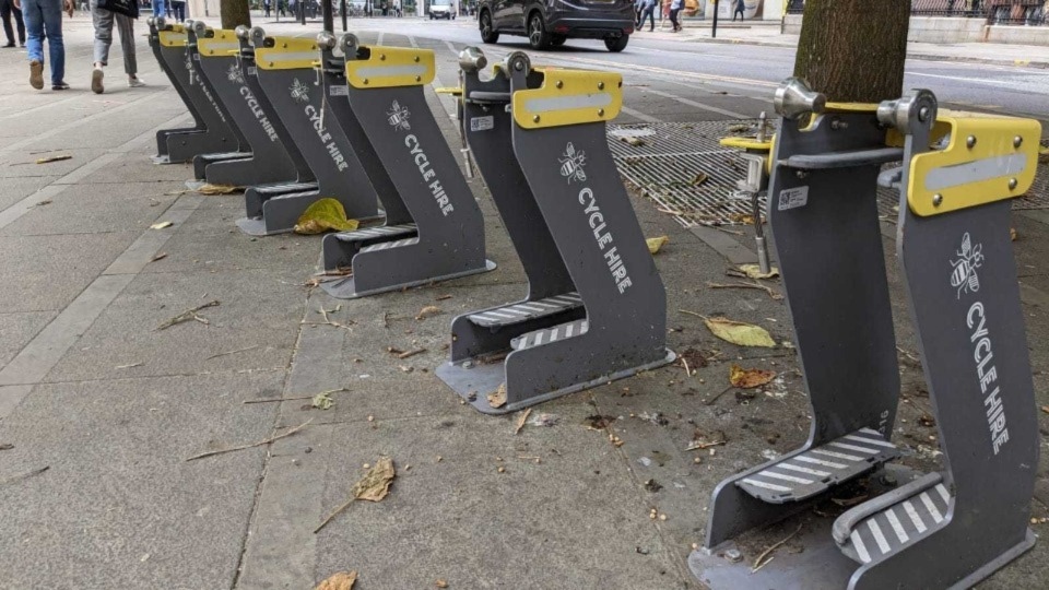 A Bee Bike stand by Central Library in Manchester