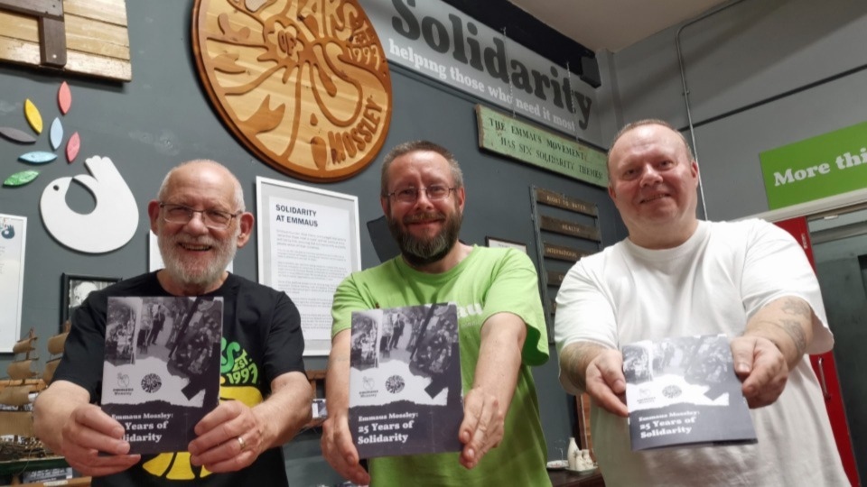 Emmaus Mossley trustee Bob Davies with Emmaus companions Darren and Gary Emmaus Mossley trustee Bob Davies with Emmaus companions Darren and Gary
