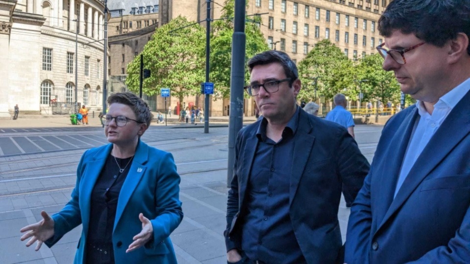 Manchester council leader Bev Craig, Greater Manchester mayor Andy Burnham and Northern Powerhouse Partnership chief executive Henri Murison pictured yesterday