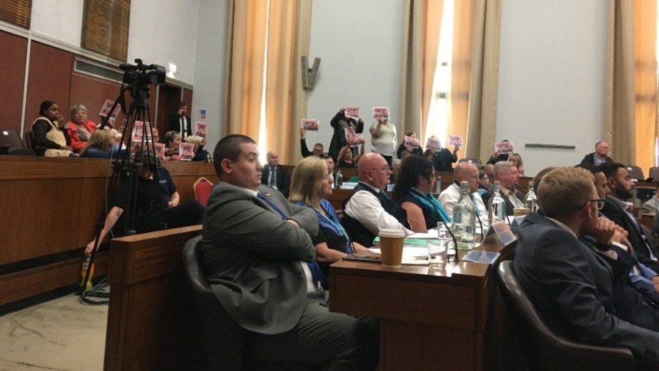 Protesters in the public gallery at Oldham full council last night Protesters in the public gallery at Oldham full council last night