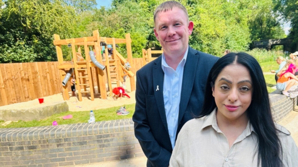 Cllr Shah and Cllr Goodwin next to the new play area at Daisy Nook Cllr Shah and Cllr Goodwin next to the new play area at Daisy Nook