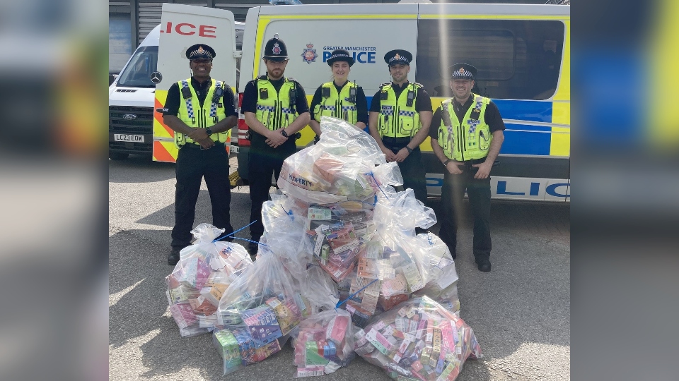 Officers from GMP's Oldham Neighbourhood Team and Trading Standards launched a day of action to fight back against the sale of counterfeit vapes and tobacco Officers from GMP's Oldham Neighbourhood Team and Trading Standards launched a day of action to fight back against the sale of counterfeit vapes and tobacco