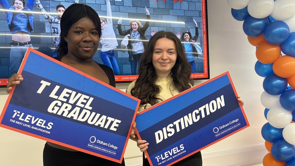 Pictured (left to right) are: Oldham College students Sharon Balogun (Merit) and Molly Walsh (Distinction) celebrating their results in the Health – Supporting the Adult Nursing Team T Level