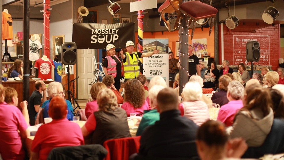 Sue and Robert presenting Mossley Community Centre SOS at Mossley SOUP 14