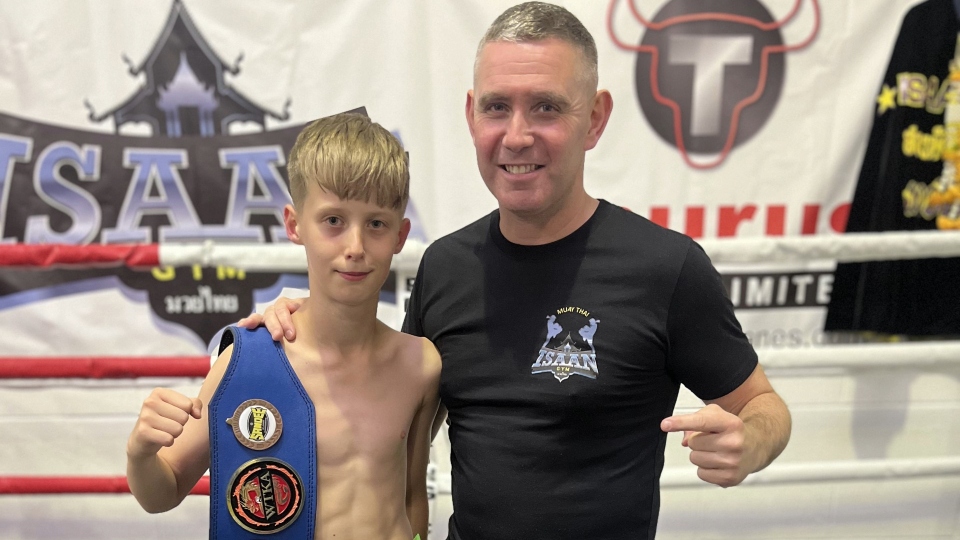 Twelve-year-old Jac Yates is pictured with Isaan Gym head coach Ste Donnelly Twelve-year-old Jac Yates is pictured with Isaan Gym head coach Ste Donnelly