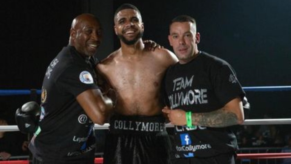 Pictured with triumphant Leyton Collymore are his new trainer/manager Pat Barrett (left) from the Collyhurst and Moston Gym and fellow coach Matt Bolton