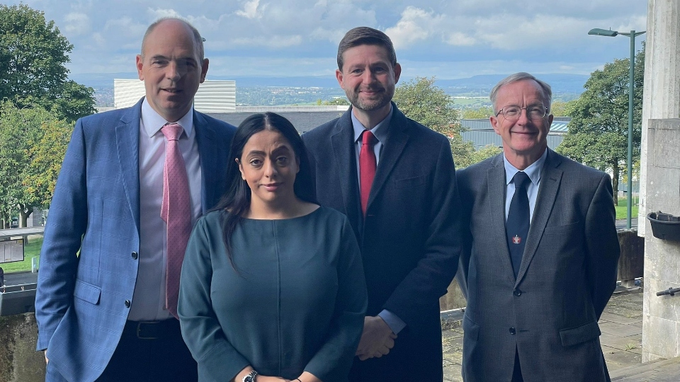 Pictured are Eton head, Simon Henderson, Oldham council leader Arooj Shah, Oldham West and Royton MP Jim McMahon, and council chief executive Harry Catherall