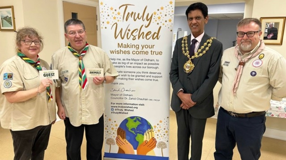 Pictured (left to right) are: Stephen's wife Michaela, Stephen, Cllr Zahid Chauhan (Mayor of Oldham) and Chris Hadfield