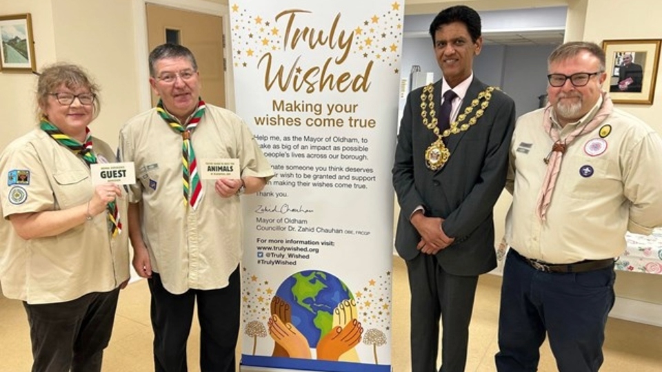 Pictured (left to right) are: Stephen's wife Michaela, Stephen, Cllr Zahid Chauhan (Mayor of Oldham) and Chris Hadfield Pictured (left to right) are: Stephen's wife Michaela, Stephen, Cllr Zahid Chauhan (Mayor of Oldham) and Chris Hadfield