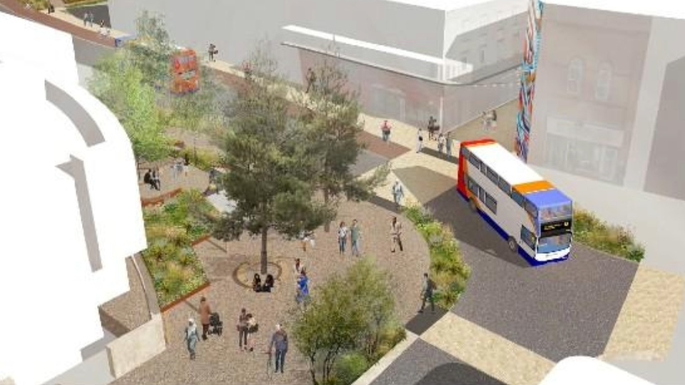 The improvements will include the construction of a new cycleway into the town centre, updated footways and sustainability features including rain gardens and tree planting. Image courtesy of OMBC