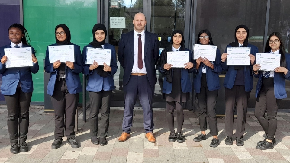 Year 10 students pictured along with the Head of Year 10 (Mr Liam Richmond) are Omaizah, Amezhi, Hina, Muntaha, Mumina, Mehak and Zoya