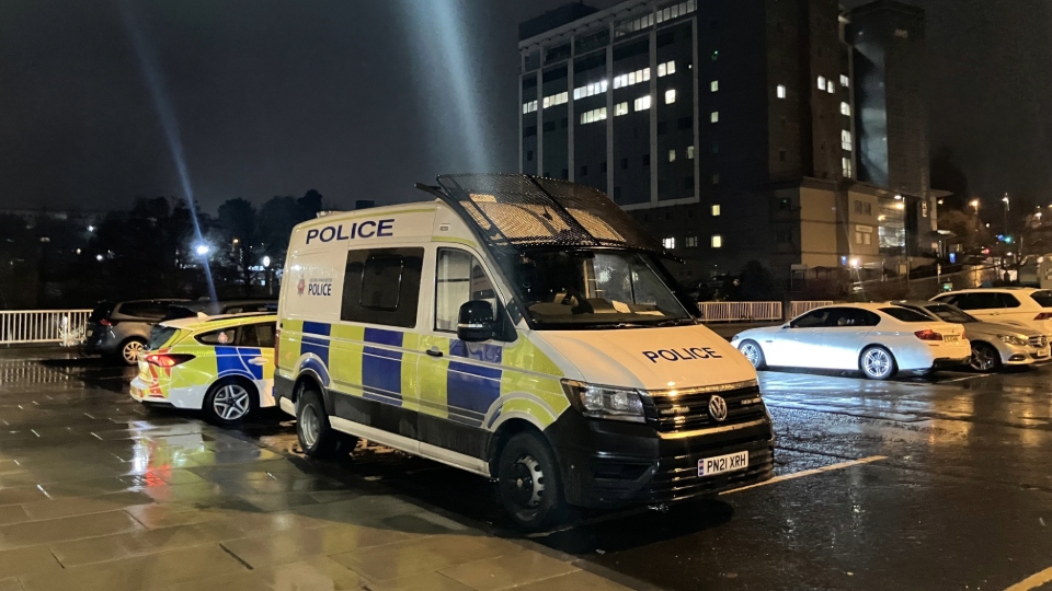 A riot van pictured outside last night's Oldham Council meeting A riot van pictured outside last night's Oldham Council meeting