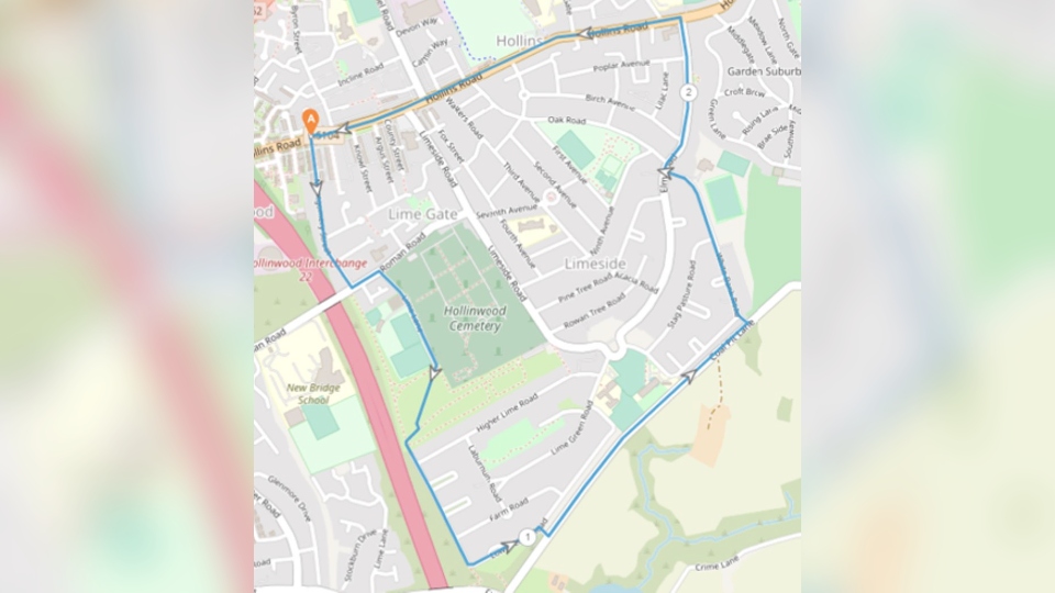 The Section 60 is effective in the Limeside and Limegate region of Hollinwood, encompassing Hollins Road, Montgomery Street, Lower Lime Road, Coal Pit Road, White Bank Road, and Elm Road