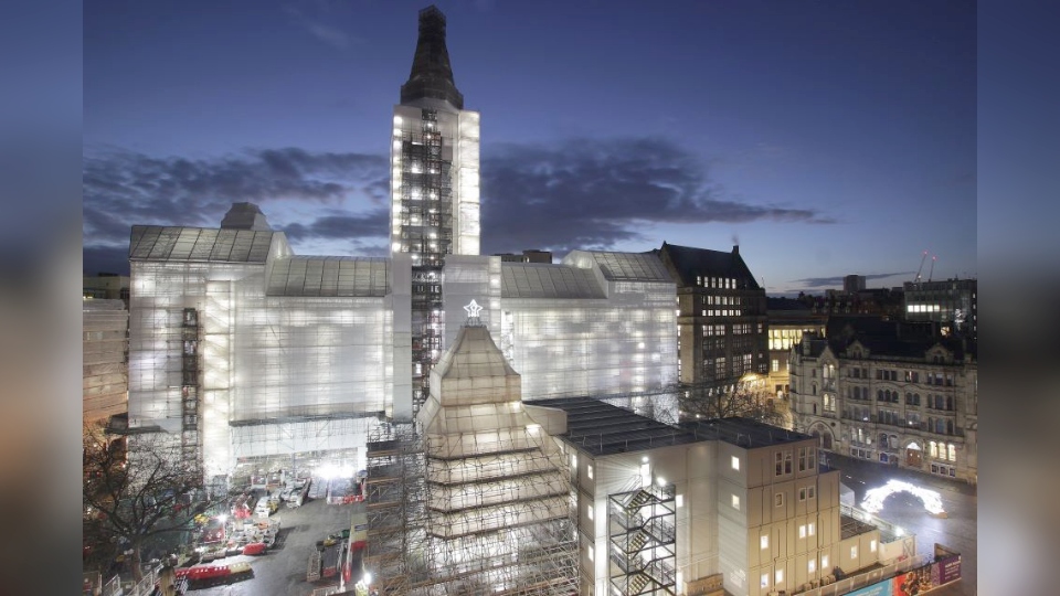 Manchester Town Hall under a scaffolding wrap in December 2022. Image courtesy of Manchester Town Hall