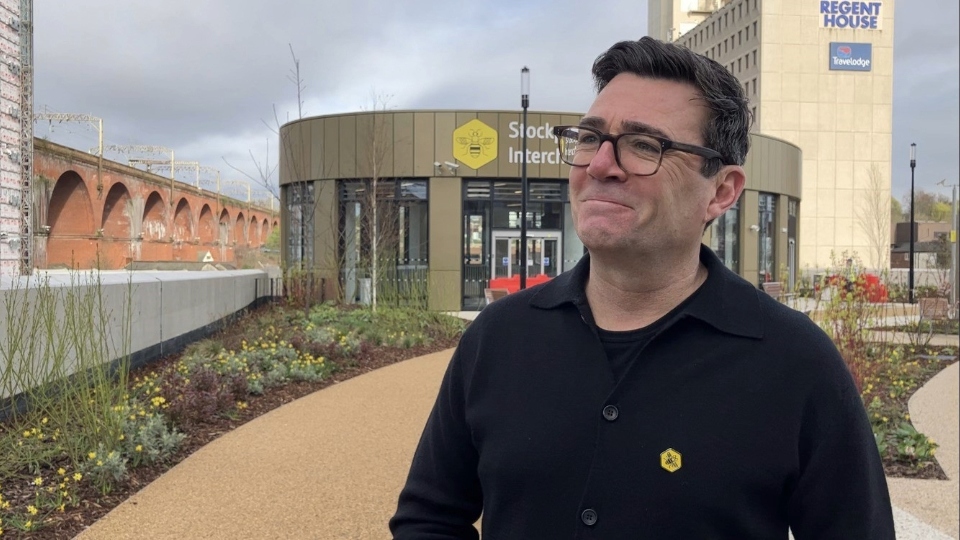 Greater Manchester Mayor Andy Burnham speaking at the launch of Stockport\'s new transport interchange