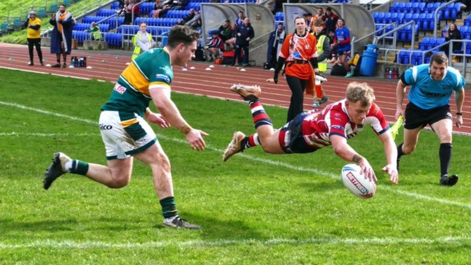 Cian Tyrer dives over for one of his six tries at Hunslet. Image courtesy of ORLFC