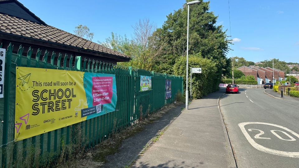 A sign outside the school promoting the upcoming School Street. Image courtesy of Oldham Council A sign outside the school promoting the upcoming School Street. Image courtesy of Oldham Council