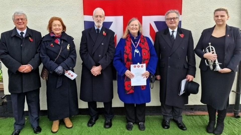 Pictured are service participants David Needham (event organiser), Cllr Pam Byrne, Paul Sykes, Mrs Susan Smith, Roger Fielding and Vicky Prescott. Image courtesy of Robert Cragg