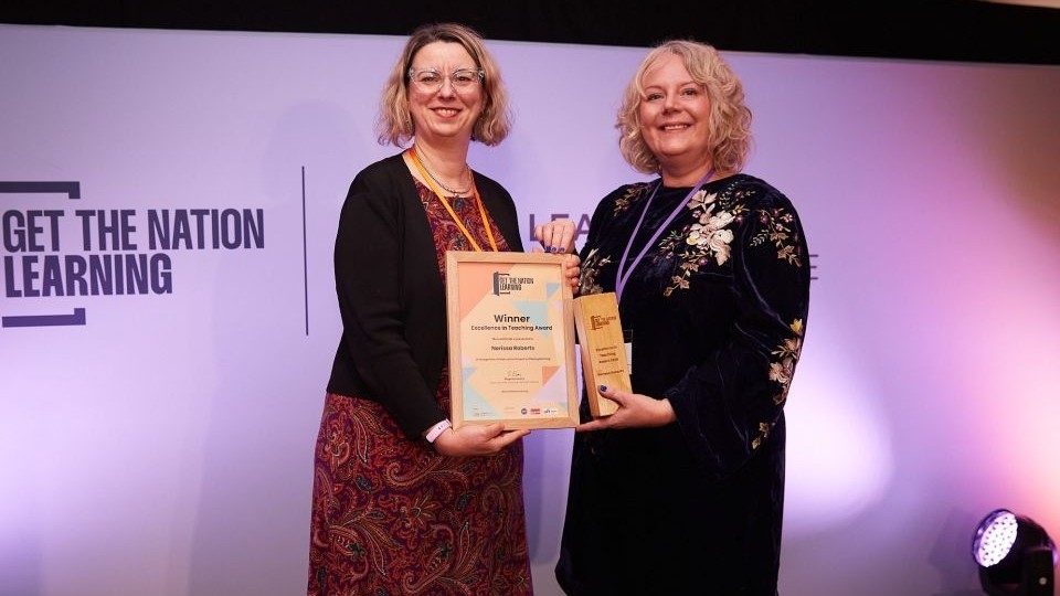 Inspirational Oldham College ESOL teacher Nerissa Roberts receives her award from Dr Katerina Kolyva, Chief Executive of the Education and Training Foundation