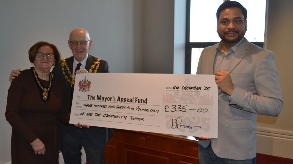 Pictured (left to right) are the Lady Mayoress of Oldham Kath Moores, the Mayor of Oldham Councillor Eddie Moores and Amin Babor Chowdhury