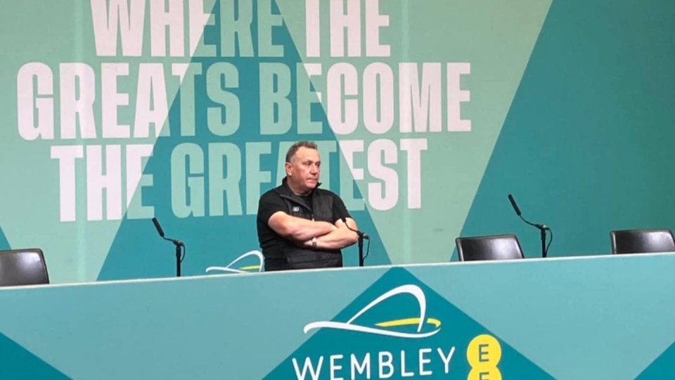 Micky Mellon pictured at his post-match press conference at Wembley