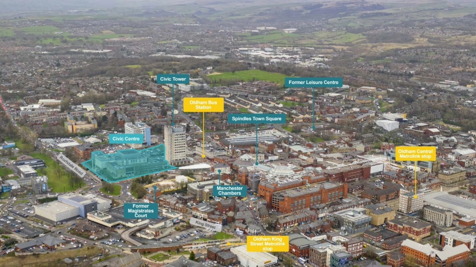 The layout of the Muse regeneration plan for Oldham, including the six big projects that could transform Oldham. Image courtesy of Muse / Oldham Council