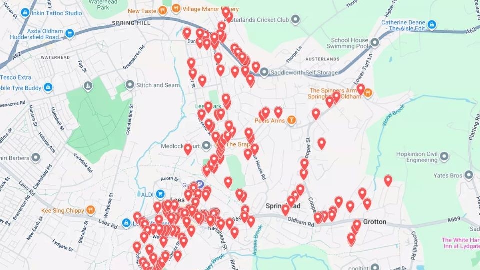 A map showing most of the blocked gullies in Springhead, Lees and Grotton. Image courtesy of Sam Al-Hamdani / Google Maps A map showing most of the blocked gullies in Springhead, Lees and Grotton. Image courtesy of Sam Al-Hamdani / Google Maps