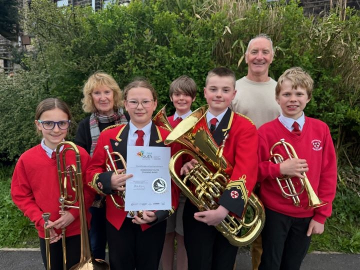 Photo: Left to Right :
Naomi Chamberlain, Jenny Wood (Band Secretary), Phoebe Garlick, Finn Ashwell Pugh, Joseph Ridyard, Steve Beardmore (Musical Director), Owen Bryars
