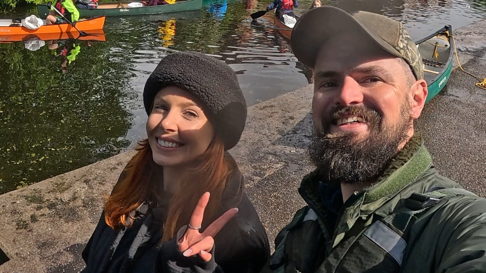 Stacey Dooley TV Presenter and Andrew Holden Northern Lily CIC Outdoor Education Lead and volunteers on the canoes. 
