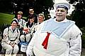 Pete Chadwick as the 'Stay Puft Marshmallowman' from Ghostbusters. Pictured with his friends dressed as Ghostbusters. 
