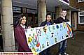Artwork for the science labs at Hathershaw College, created by former pupils Abass Iqbal (centre) and Chris Jakeway (right) while on work experience. The piece is in memory of former pupil Roshni Panchani, whose sister Chandni Panchani is also on photo. 