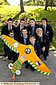 FLYING high . . . showing off one of the kite prototypes are designers (back from left) James Massey, Matthew Winterburn, James Mears, Jonathan Garratt Front, (from left) Ryan Beeley, Joe Harper, William Milnes and Adam Claye